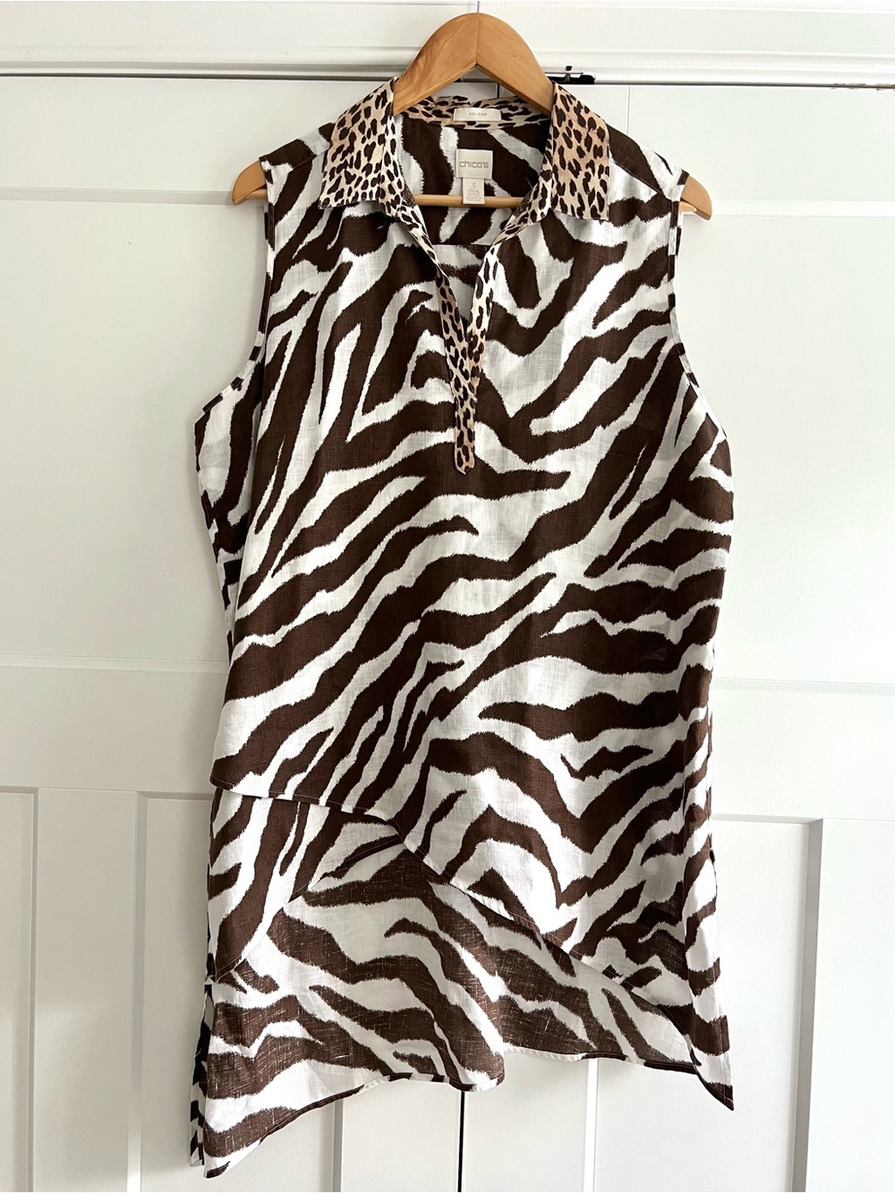 Chico’s No-Iron 100% Linen Zebra Leopard Mixed Print Sleeveless Tunic Top Sz 3
